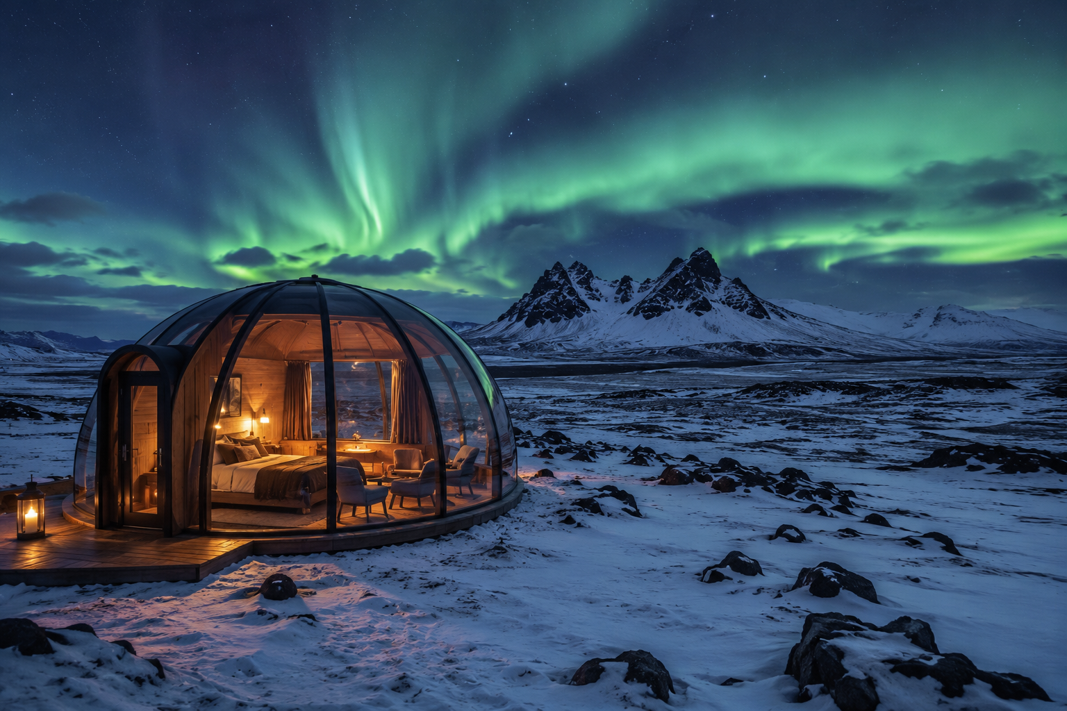 Glass dome under the northern lights
