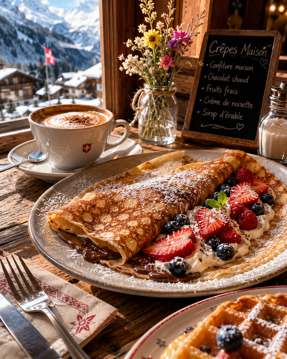 Crêpes and hot chocolate in an alpine café