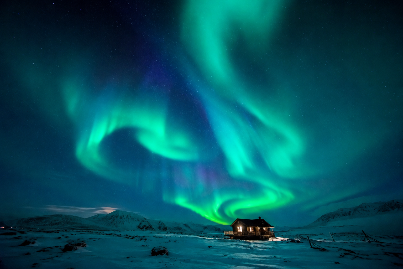 Northern lights above a remote cabin in a snowy landscape
