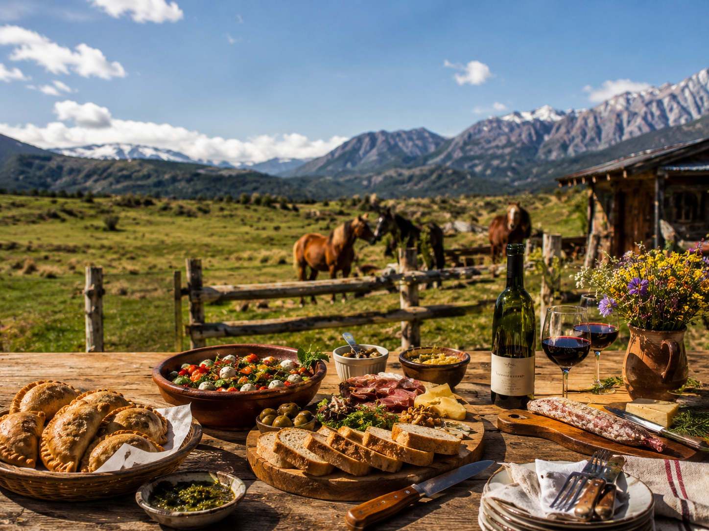 Rustic outdoor feast with mountain views