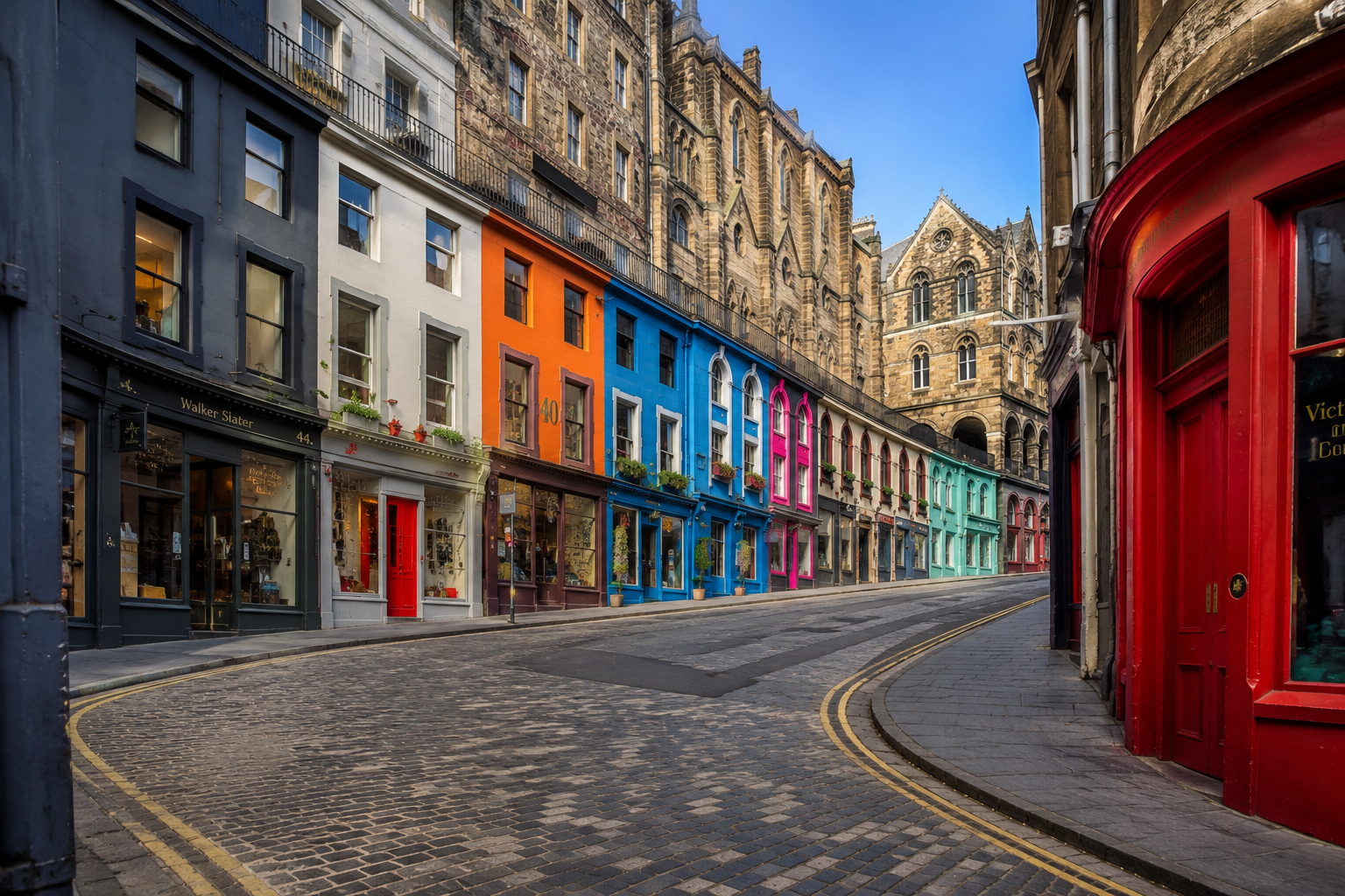 Colorful historic street lined with vivid storefronts