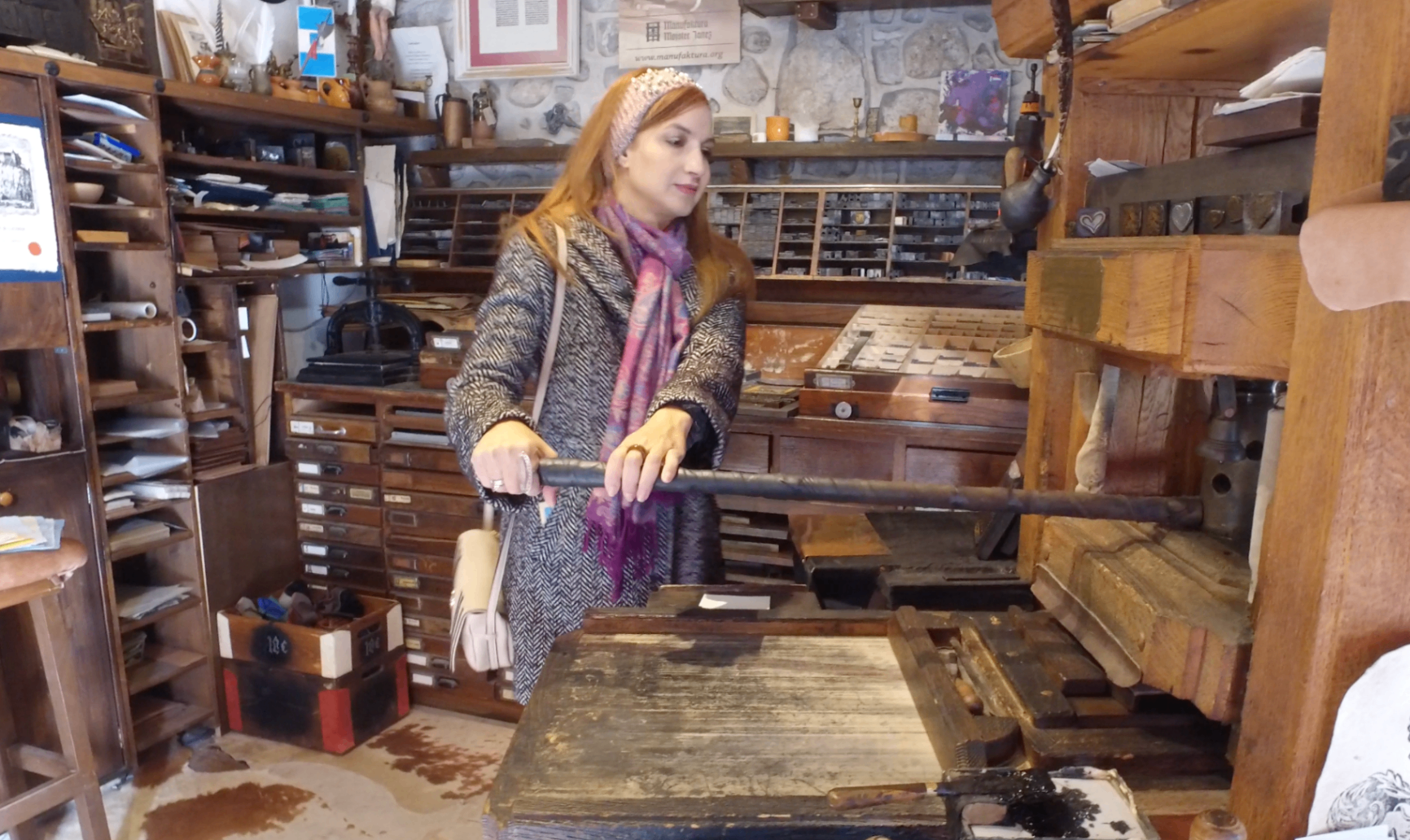 Cathy exploring a historic print shop