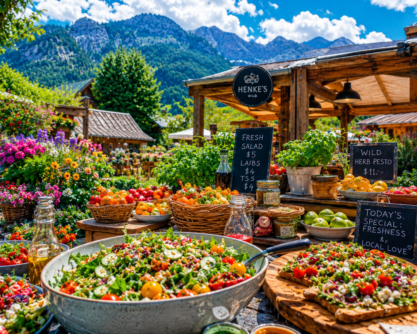 Colorful garden market with fresh dishes