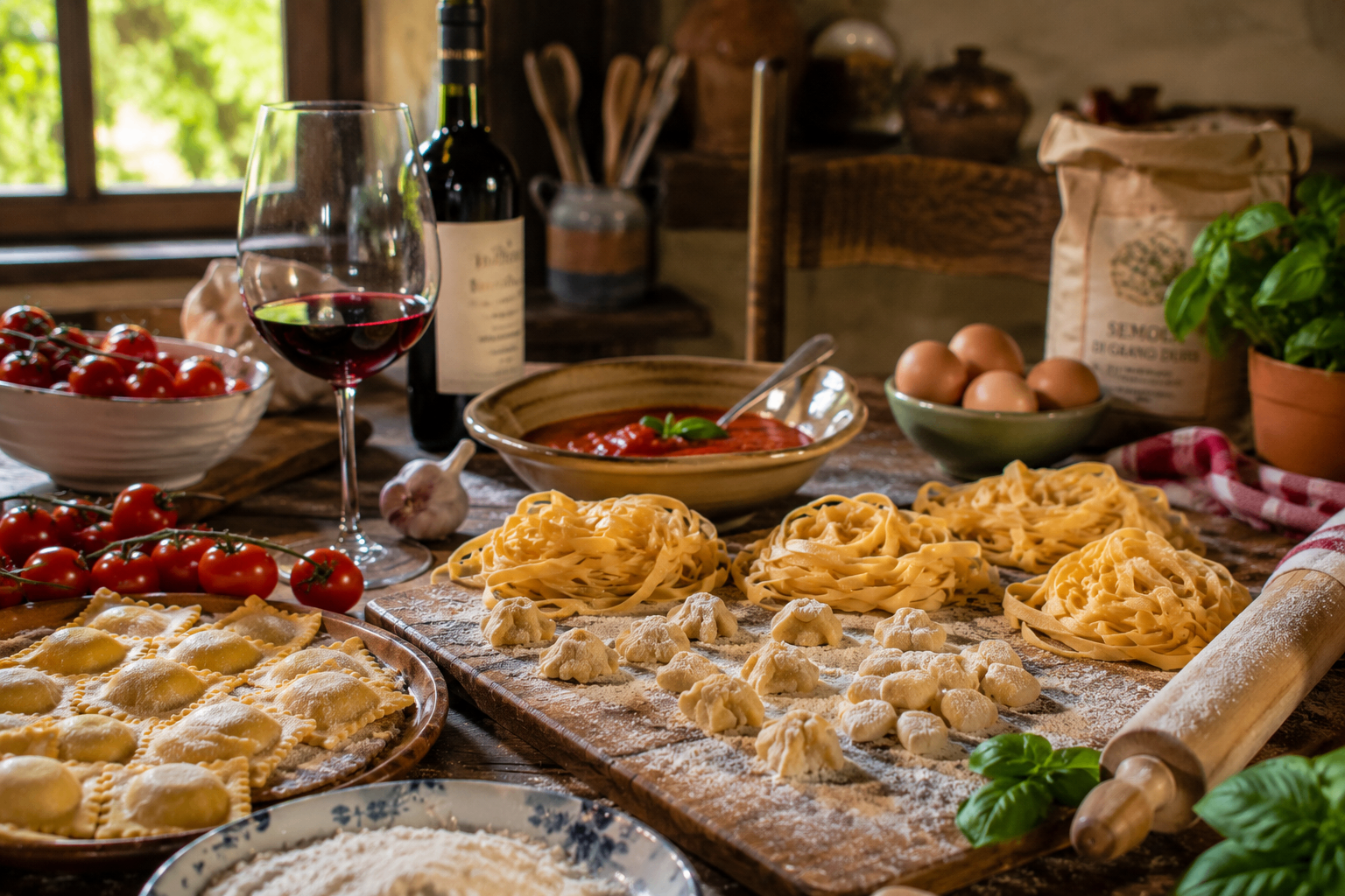 Handmade pasta and wine on a rustic table