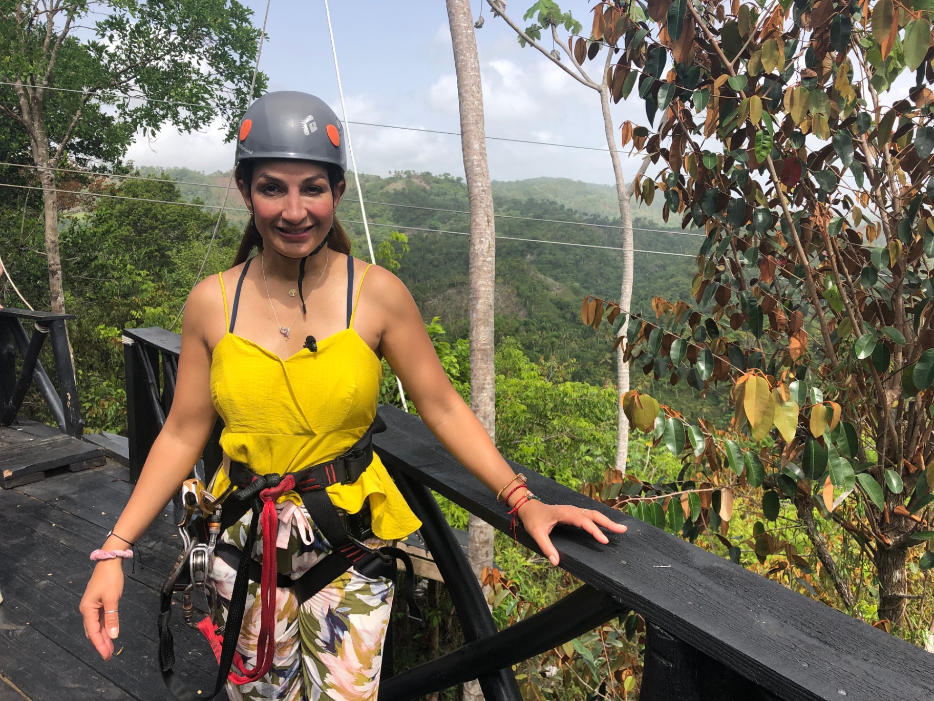 Cathy geared up for a zipline adventure