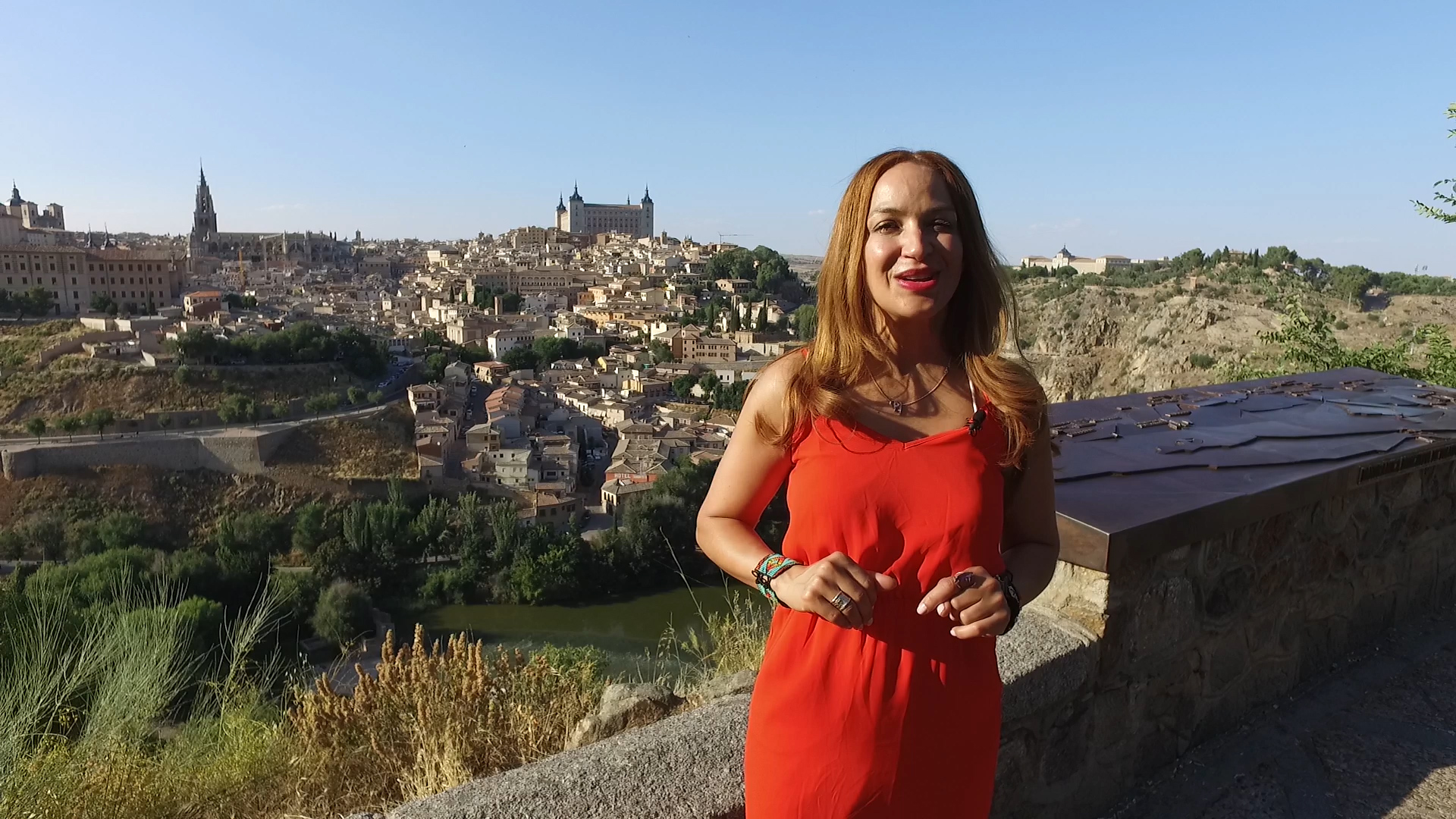 Mystical Destinations presenter in historic Spanish cityscape